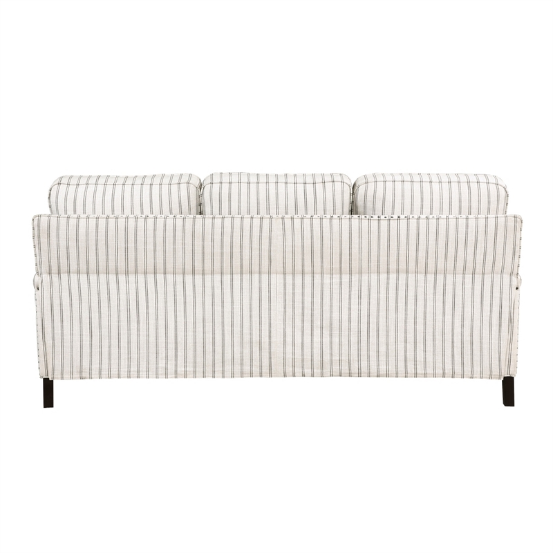 Claire 78 Inch Sofa- Beige- Gray Polyester Pinstripes- Cushions- Solid Wood