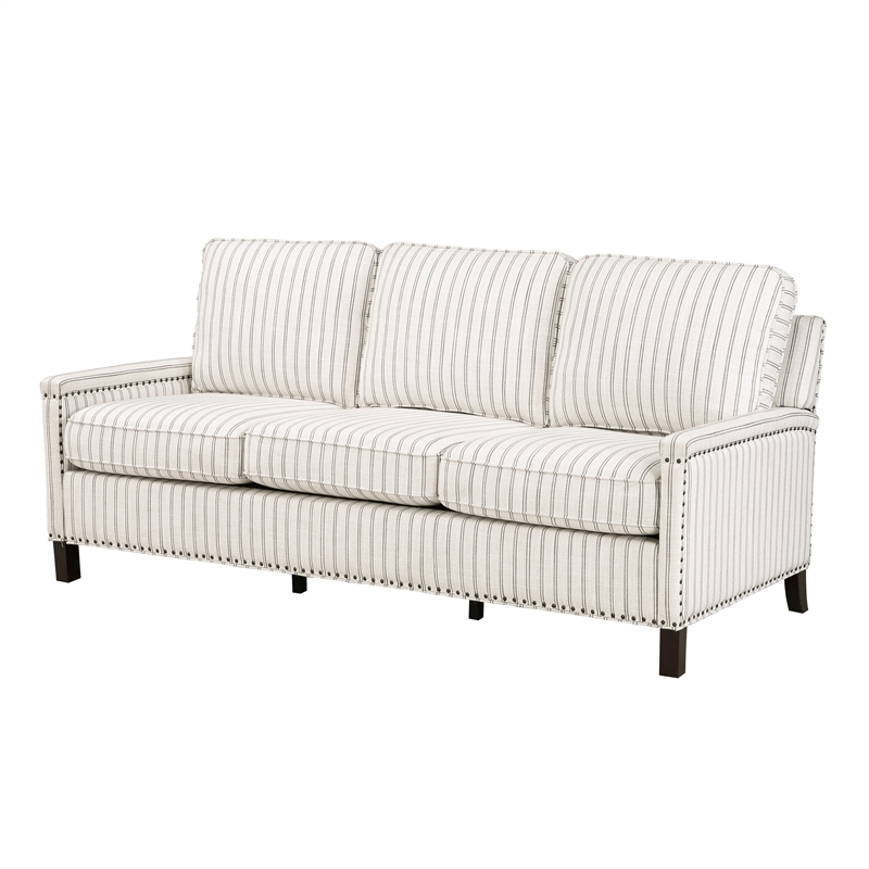 Claire 78 Inch Sofa- Beige- Gray Polyester Pinstripes- Cushions- Solid Wood