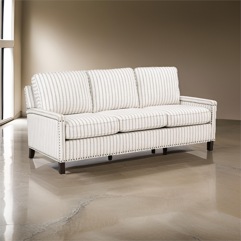 Claire 78 Inch Sofa- Beige- Gray Polyester Pinstripes- Cushions- Solid Wood