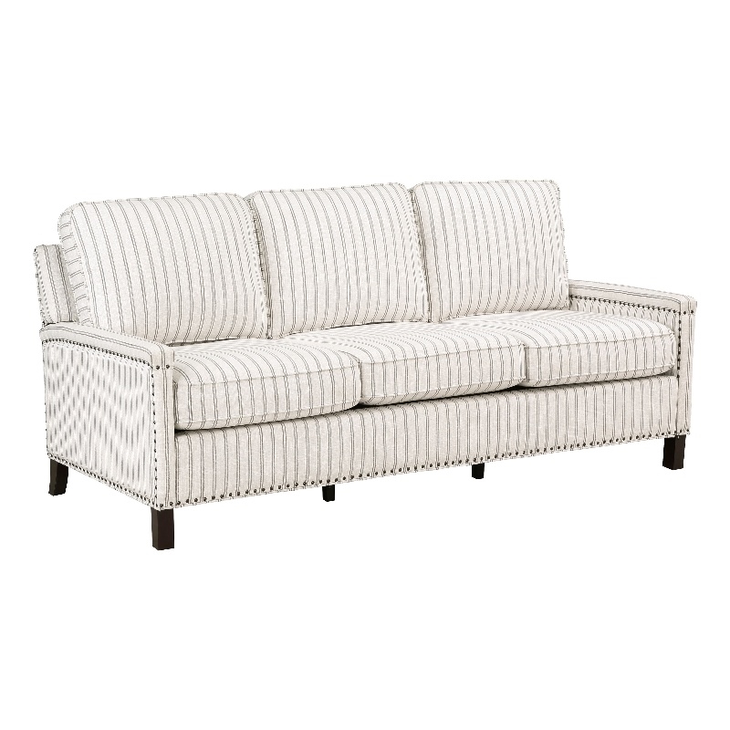 Claire 78 Inch Sofa- Beige- Gray Polyester Pinstripes- Cushions- Solid Wood