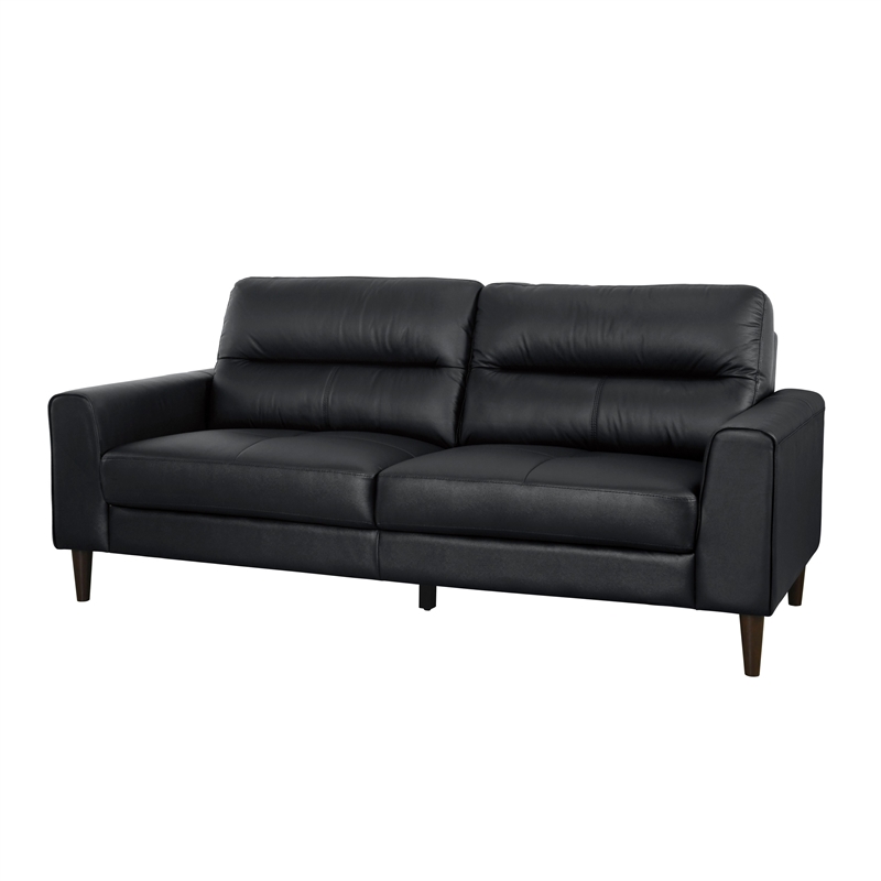 Willow 76 Inch Sofa- Plush Black Top Grain and Faux Leather- Solid Wood