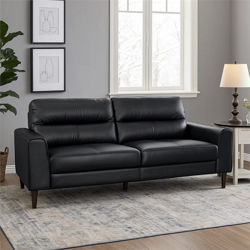 Willow 76 Inch Sofa- Plush Black Top Grain and Faux Leather- Solid Wood