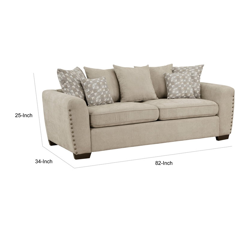 Gini 82 Inch Sofa- 7 Pillows- Nailhead Trim- Brown Chenille- Solid Wood