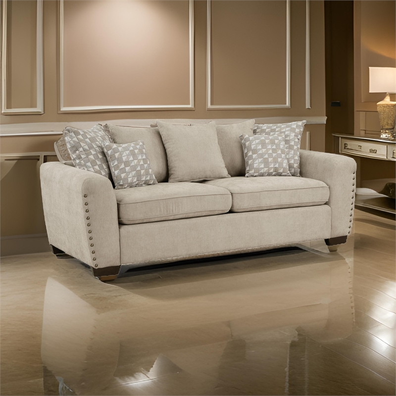 Gini 82 Inch Sofa- 7 Pillows- Nailhead Trim- Brown Chenille- Solid Wood