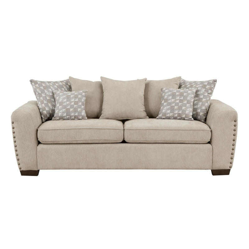 Gini 82 Inch Sofa- 7 Pillows- Nailhead Trim- Brown Chenille- Solid Wood