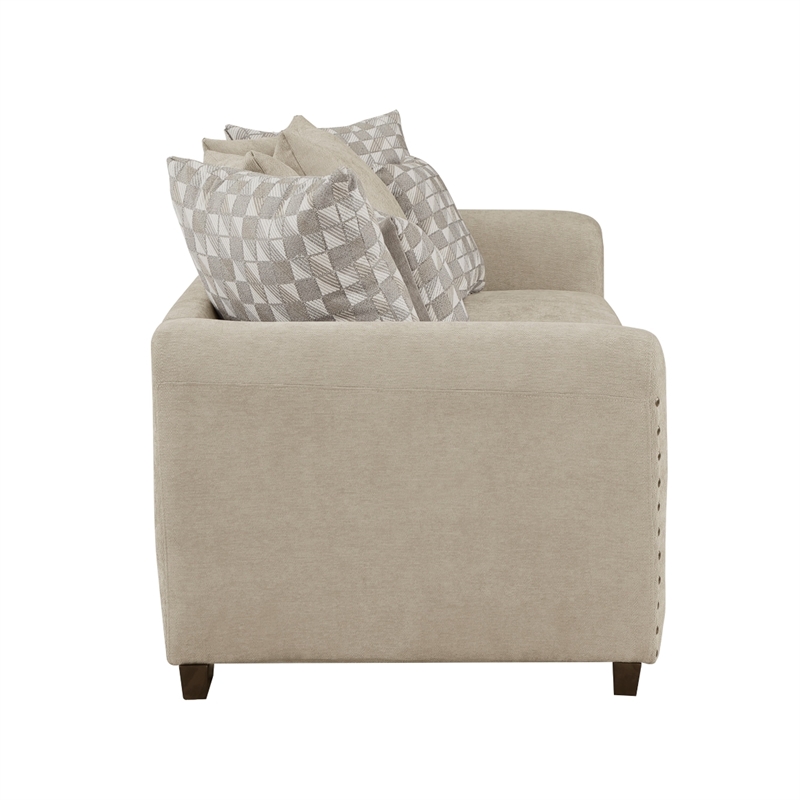 Gini 82 Inch Sofa- 7 Pillows- Nailhead Trim- Brown Chenille- Solid Wood
