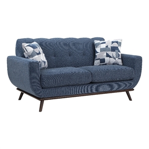 Keto 70 Inch Loveseat- Blue Chenille- 2 Throw Pillows- Brown Solid Wood