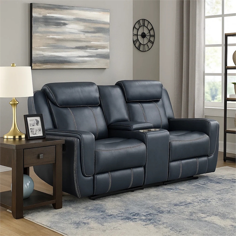 Louise 76 Inch Dual Manual Recliner Loveseat- Cupholder- Blue Faux Leather