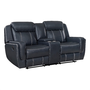 Louise 76 Inch Dual Manual Recliner Loveseat- Cupholder- Blue Faux Leather