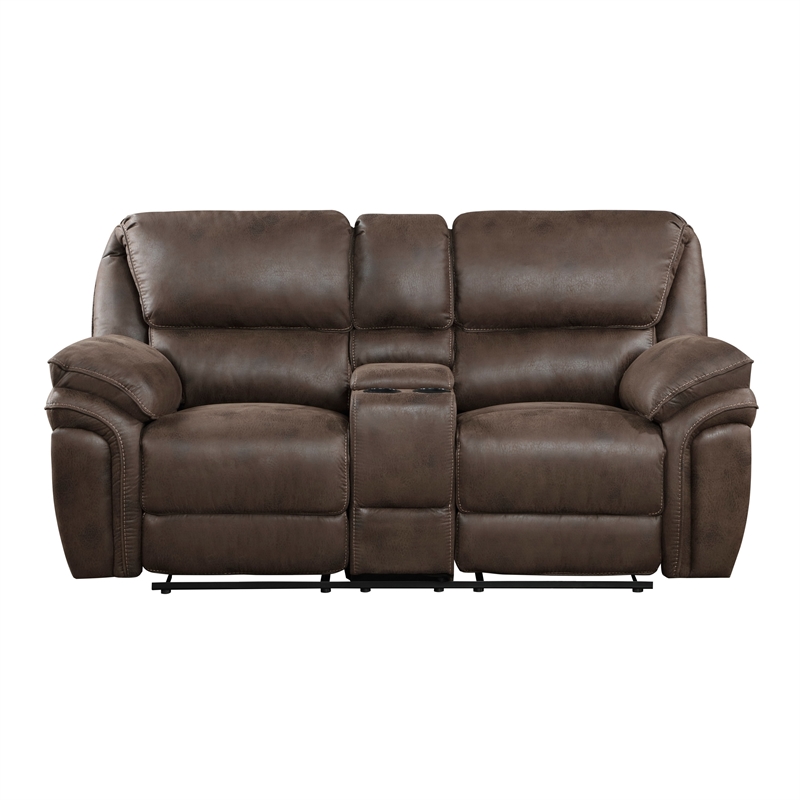 Tony 80 Inch Dual Manual Recliner Loveseat- Cupholders- Brown Microfiber