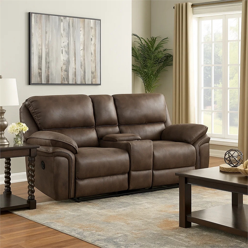 Tony 80 Inch Dual Manual Recliner Loveseat- Cupholders- Brown Microfiber