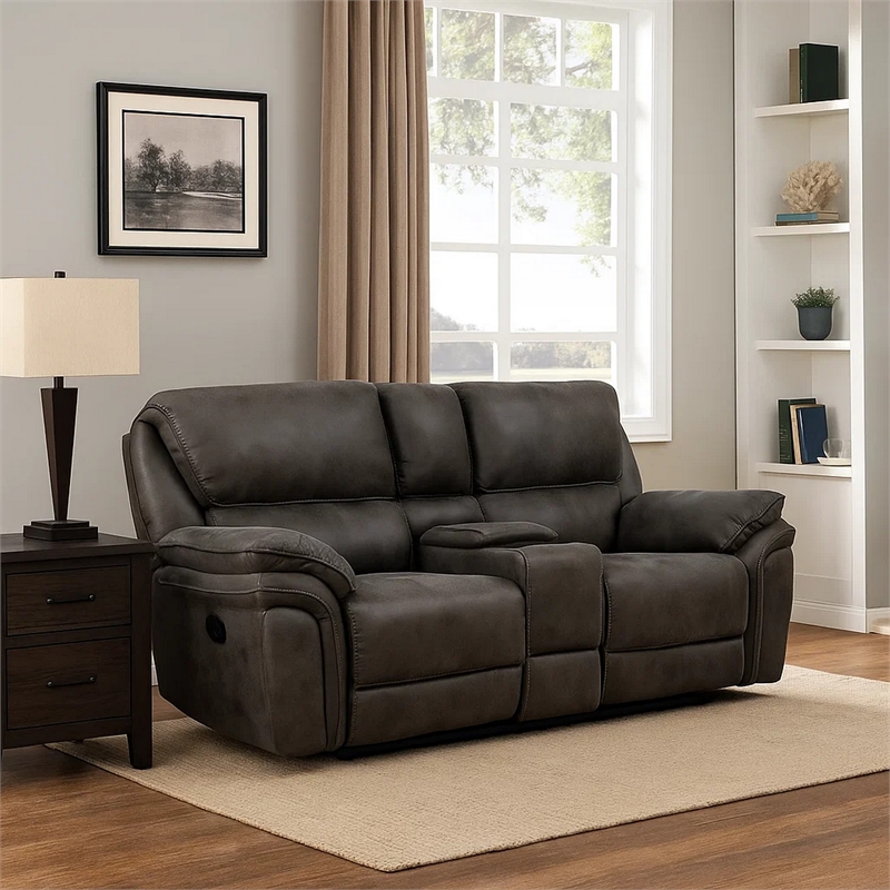 Tony 80 Inch Dual Manual Recliner Loveseat- Console- Cupholders- Gray