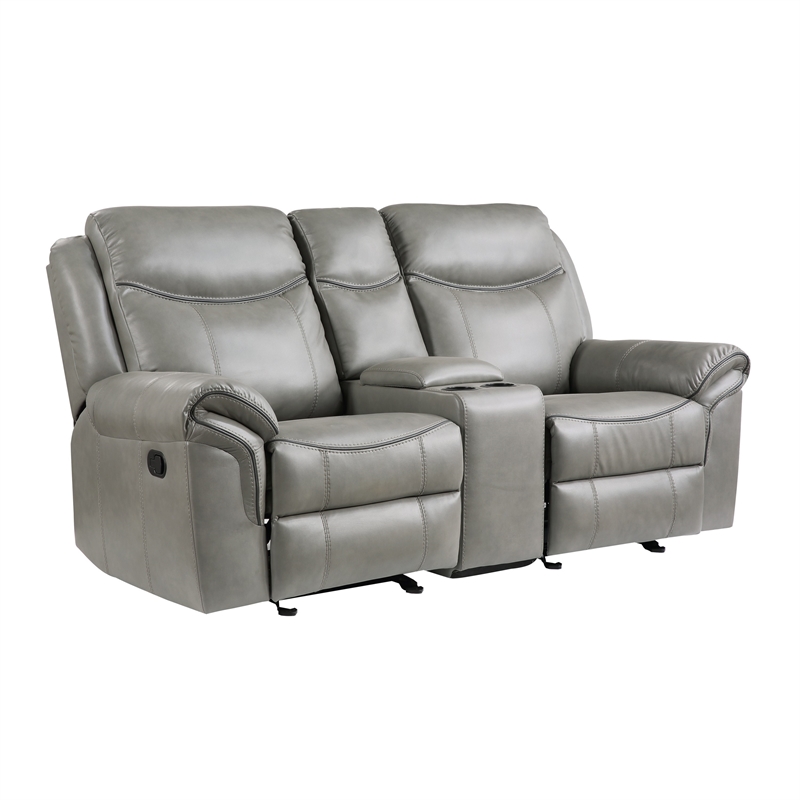 Max 80 Inch Dual Manual Recliner Loveseat- Cupholders- Gray Faux Leather