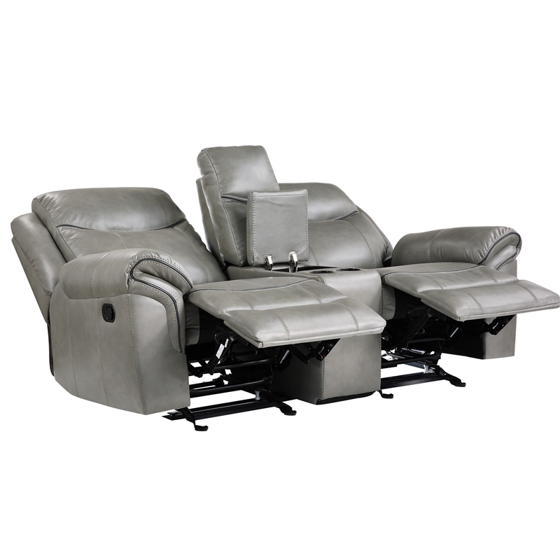 Max 80 Inch Dual Manual Recliner Loveseat- Cupholders- Gray Faux Leather