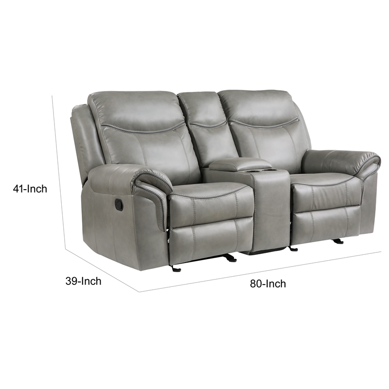 Max 80 Inch Dual Manual Recliner Loveseat- Cupholders- Gray Faux Leather