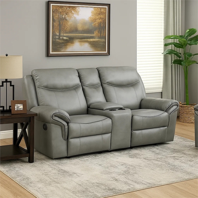 Max 80 Inch Dual Manual Recliner Loveseat- Cupholders- Gray Faux Leather