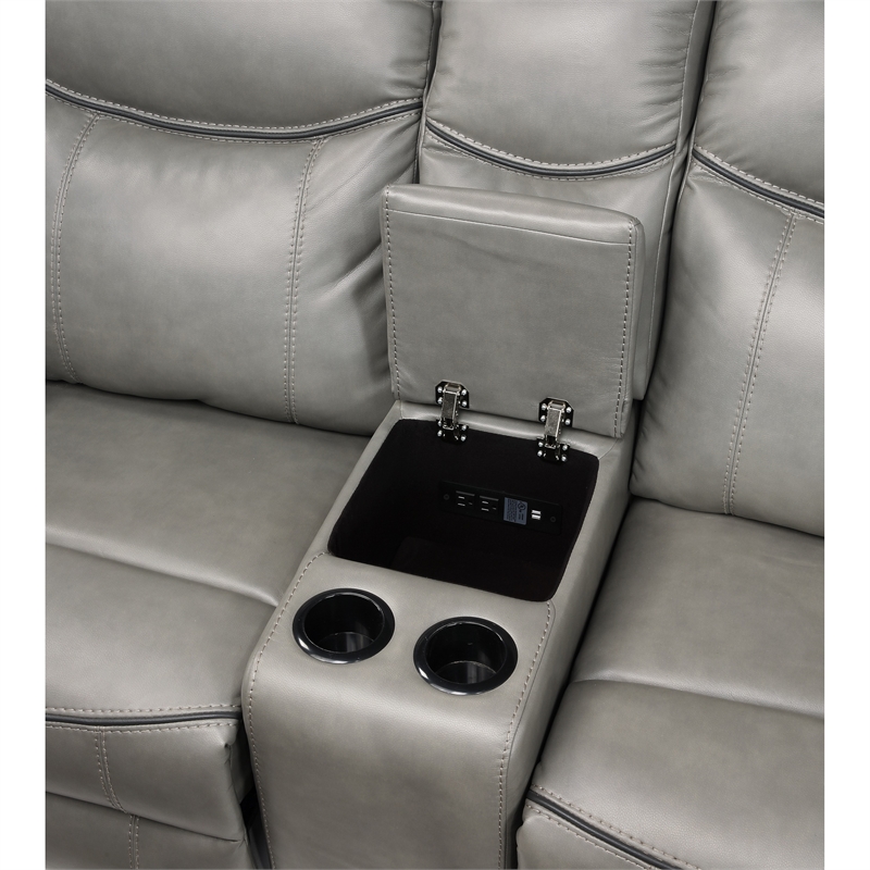 Max 80 Inch Dual Manual Recliner Loveseat- Cupholders- Gray Faux Leather
