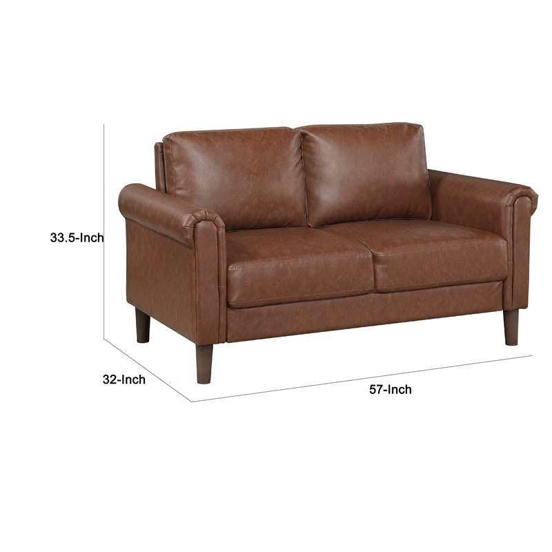 Lo Loveseat w Rolled Arms- Mid Century Dark Brown Faux Leather 57 Inch