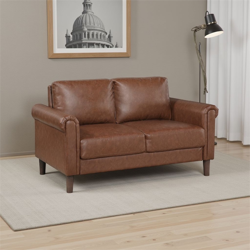 Lo Loveseat w Rolled Arms- Mid Century Dark Brown Faux Leather 57 Inch