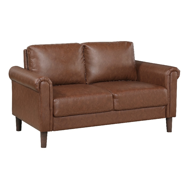 Lo Loveseat w Rolled Arms- Mid Century Dark Brown Faux Leather 57 Inch