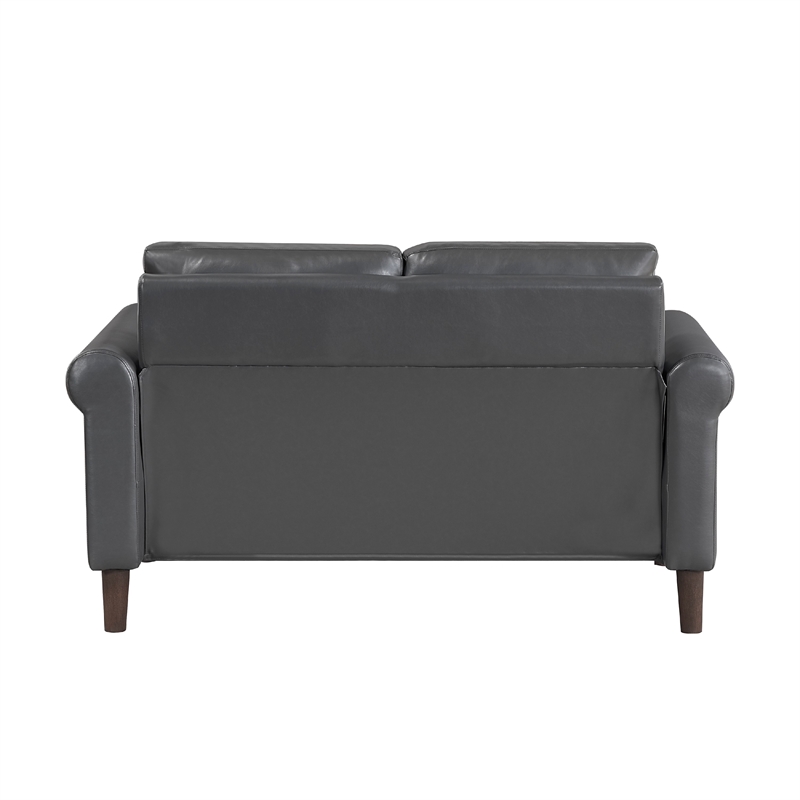 Lo Loveseat w Rolled Arms- Midcentury Dark Gray Faux Leather 57 Inch