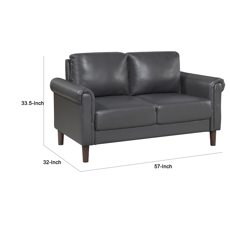 Lo Loveseat w Rolled Arms- Midcentury Dark Gray Faux Leather 57 Inch