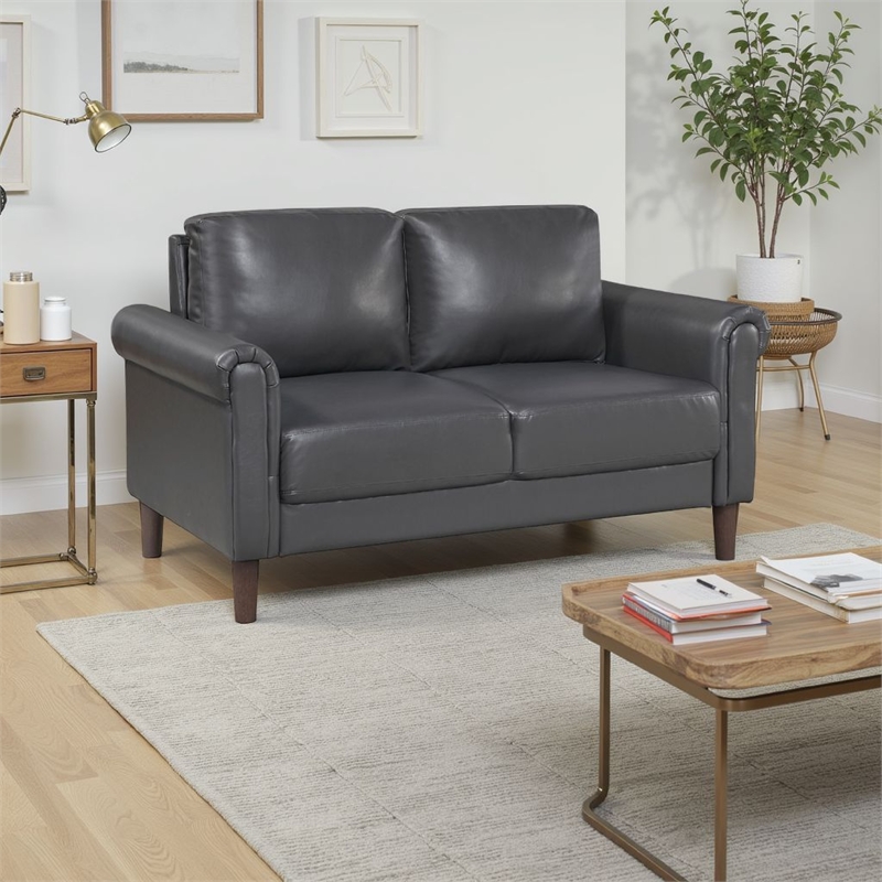 Lo Loveseat w Rolled Arms- Midcentury Dark Gray Faux Leather 57 Inch