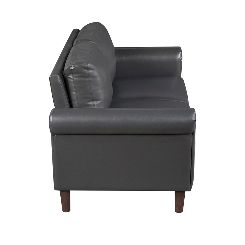 Lo Loveseat w Rolled Arms- Midcentury Dark Gray Faux Leather 57 Inch