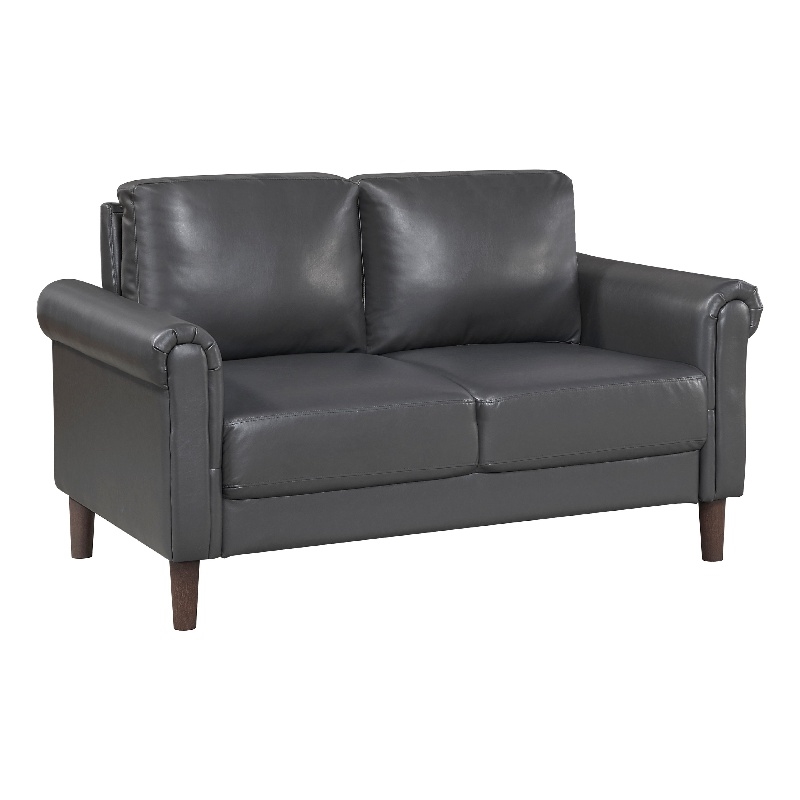 Lo Loveseat w Rolled Arms- Midcentury Dark Gray Faux Leather 57 Inch