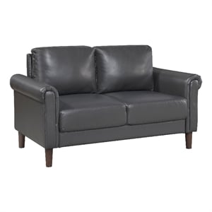 Lo Loveseat w Rolled Arms- Midcentury Dark Gray Faux Leather 57 Inch