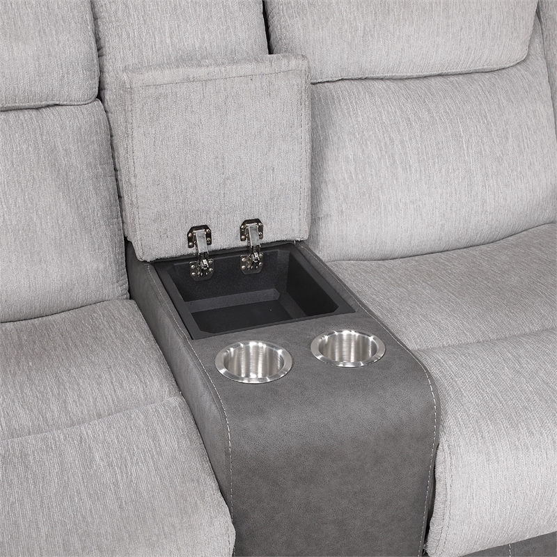 Feo Manual Reclining Loveseat w Console- White Gray Microfiber 76 Inch