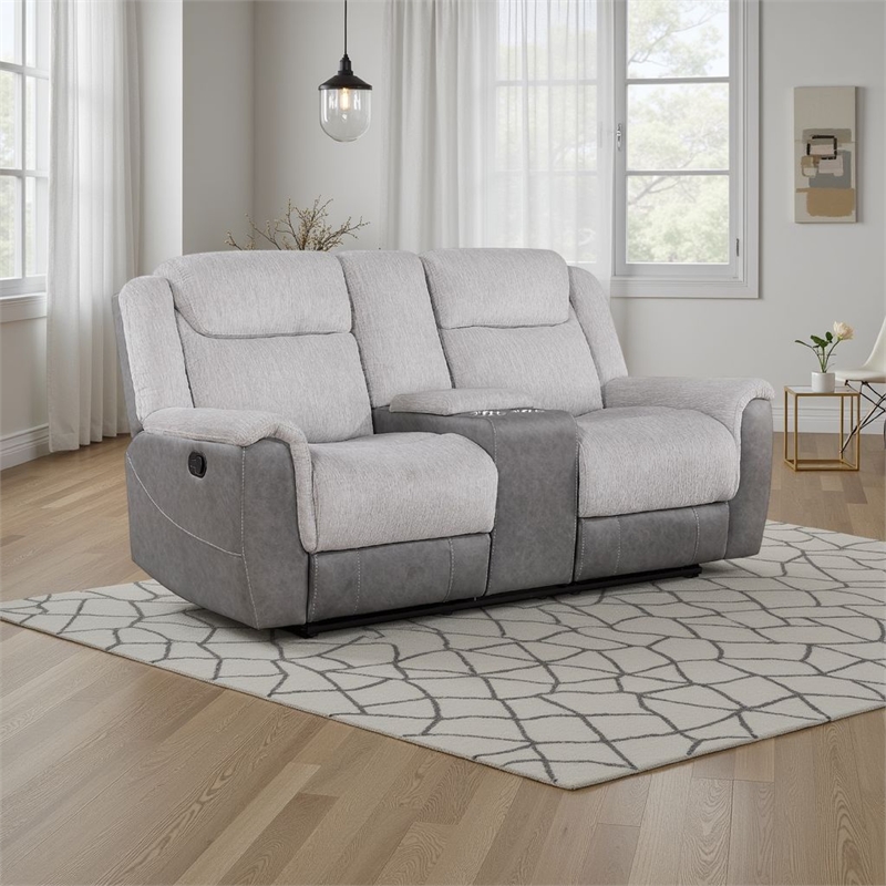 Feo Manual Reclining Loveseat w Console- White Gray Microfiber 76 Inch