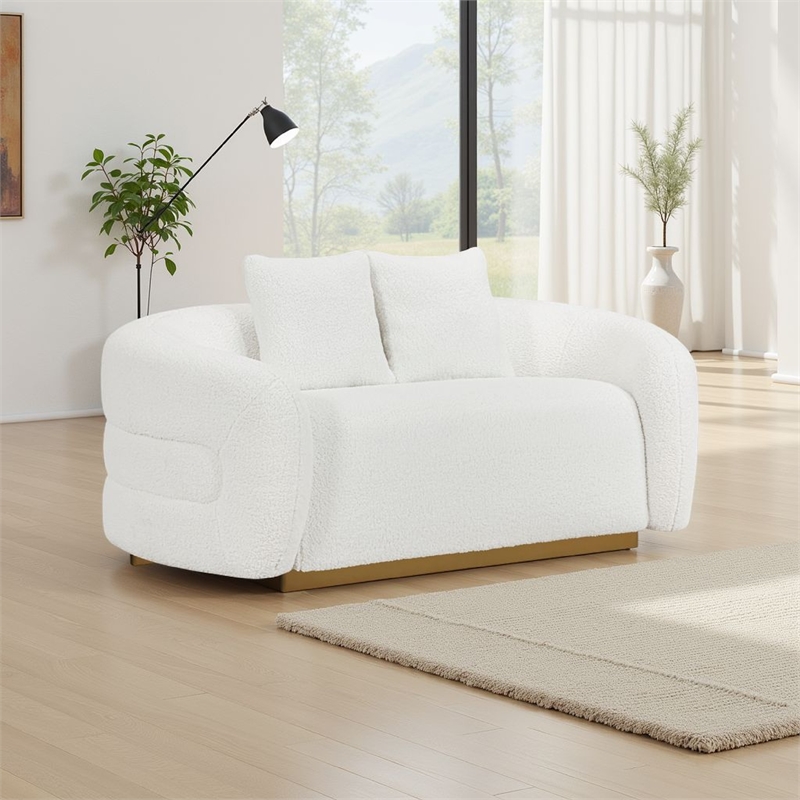 Novy Loveseat with 2 Accent Pillows- White Sherpa- Gold- 71 Inch