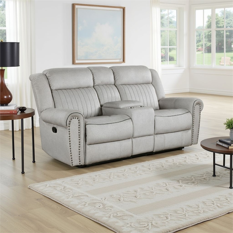 Ben Manual Reclining Loveseat- 76 Inch- Gray Microfiber- Nailhead Trim