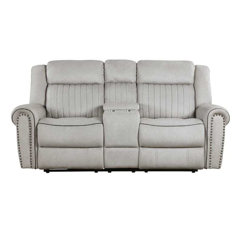 Ben Power Reclining Loveseat- 76 Inch- Gray Microfiber- Nailhead Trims