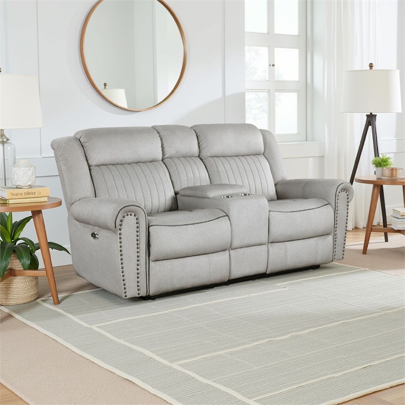 Ben Power Reclining Loveseat- 76 Inch- Gray Microfiber- Nailhead Trims