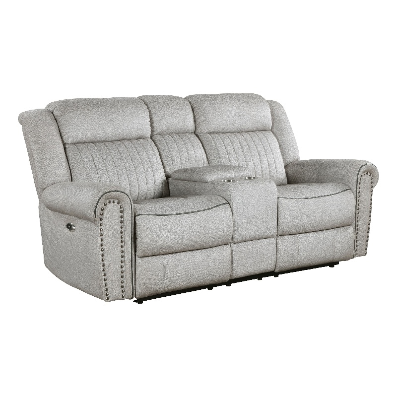 Ben Power Reclining Loveseat- 76 Inch- Gray Microfiber- Nailhead Trims