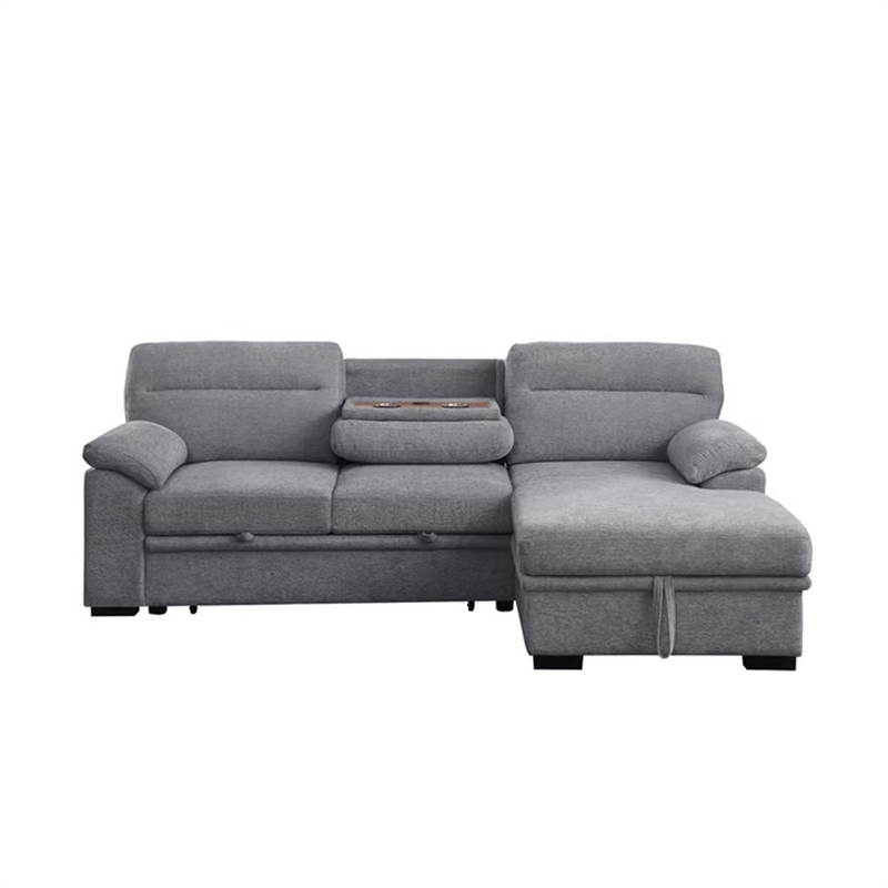 Geni Sleeper Sectional Sofa- Right Chaise- Light Gray- USB C Port