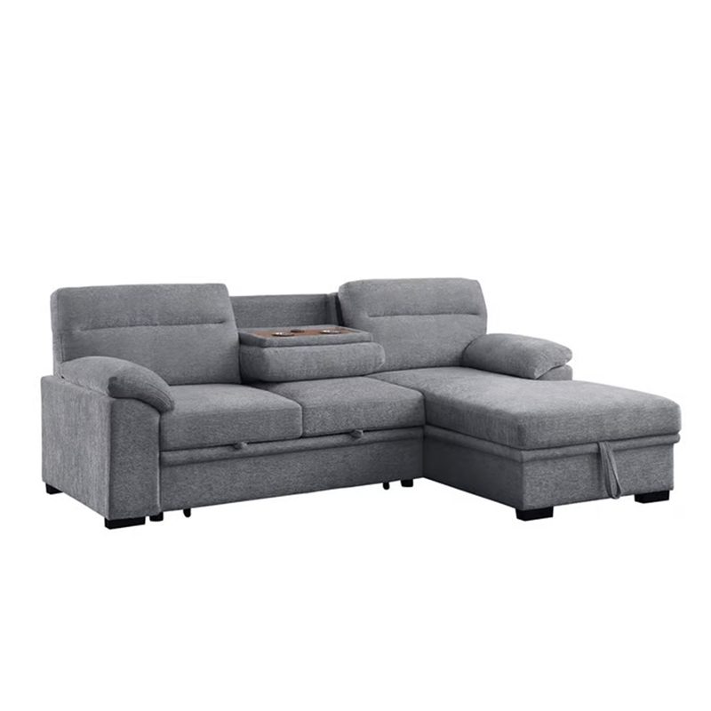 Geni Sleeper Sectional Sofa- Right Chaise- Light Gray- USB C Port