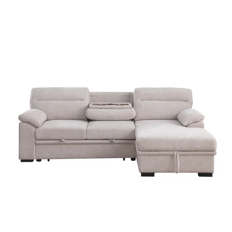 Geni Sleeper Sectional Sofa with Right Chaise- Beige- USB C Port