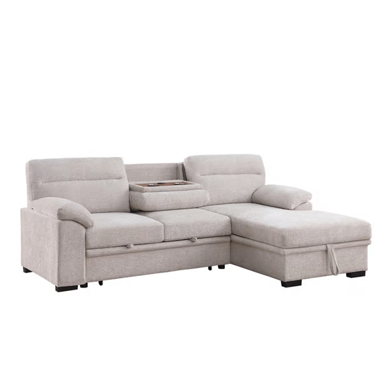 Geni Sleeper Sectional Sofa with Right Chaise- Beige- USB C Port