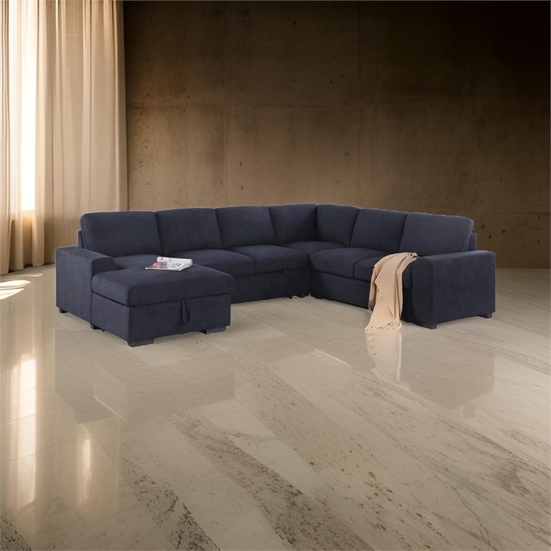 Leni 118 Inch Sleeper Sectional Sofa with Right Facing Chaise- Gray Woven