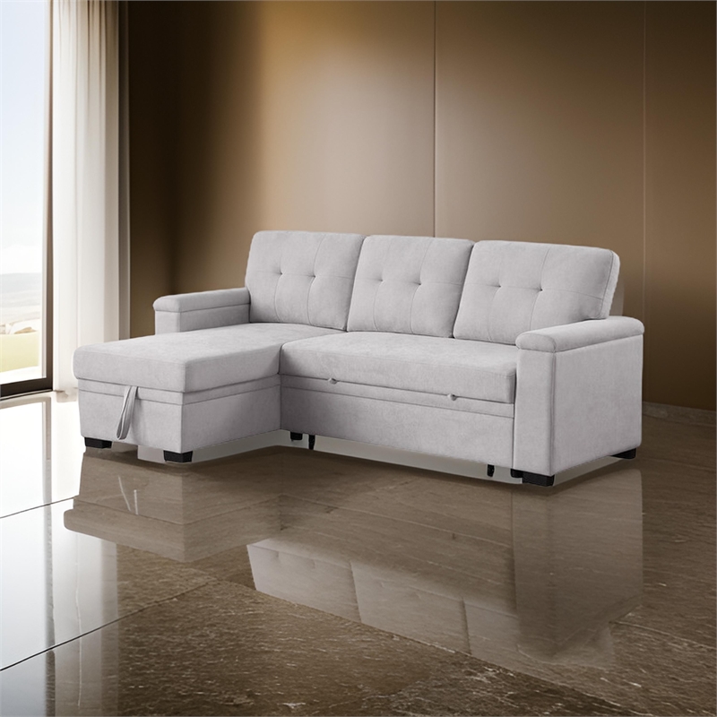 Lusy 85 Inch Reversible Sleeper Sectional Sofa- Storage Chaise- Light Gray