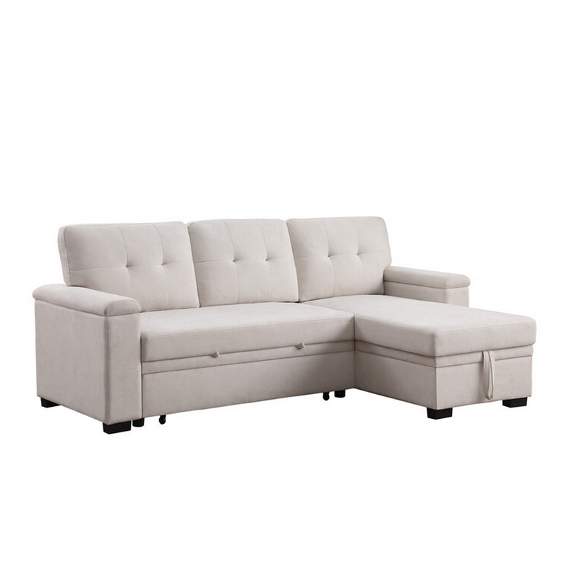 Lusy 85 Inch Reversible Sleeper Sectional Sofa with Storage Chaise- Beige