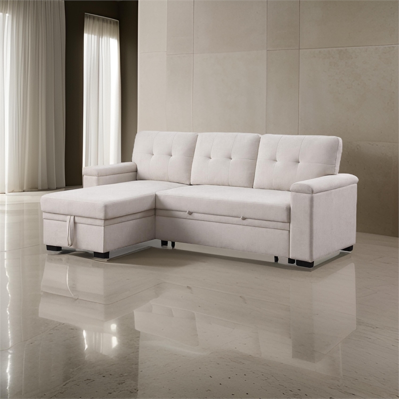 Lusy 85 Inch Reversible Sleeper Sectional Sofa with Storage Chaise- Beige