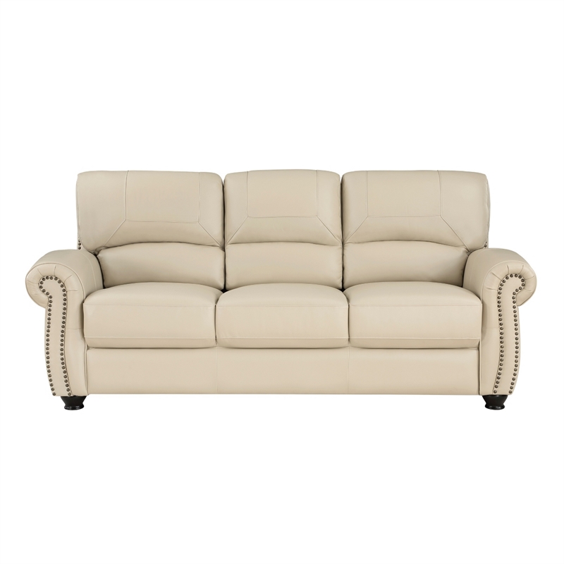 Kia 84 Inch Sofa- Cream Top Grain and Faux Leather- Brown Solid Wood