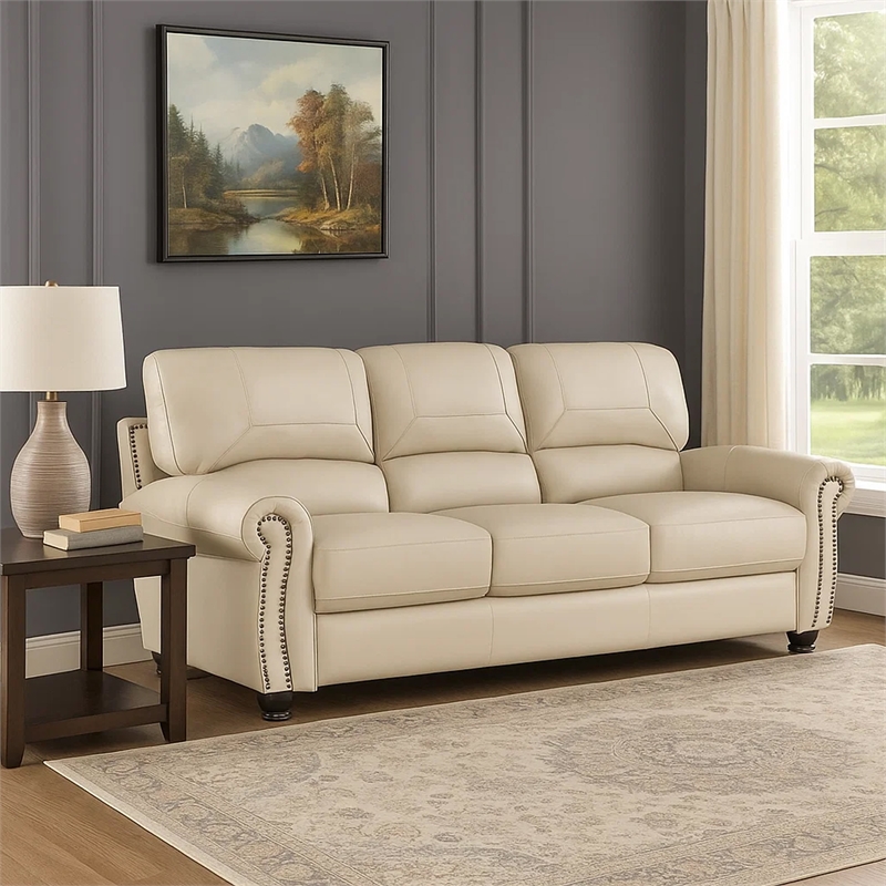 Kia 84 Inch Sofa- Cream Top Grain and Faux Leather- Brown Solid Wood