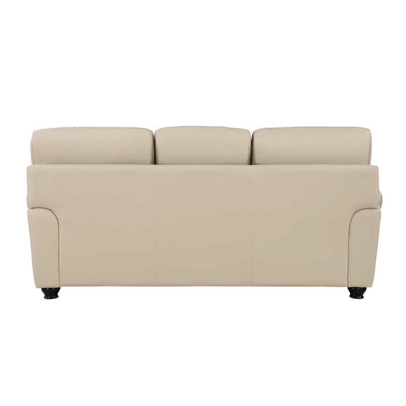 Kia 84 Inch Sofa- Cream Top Grain and Faux Leather- Brown Solid Wood