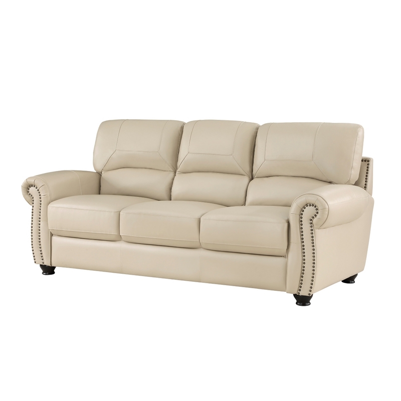 Kia 84 Inch Sofa- Cream Top Grain and Faux Leather- Brown Solid Wood