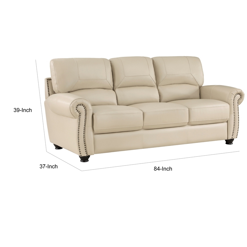 Kia 84 Inch Sofa- Cream Top Grain and Faux Leather- Brown Solid Wood